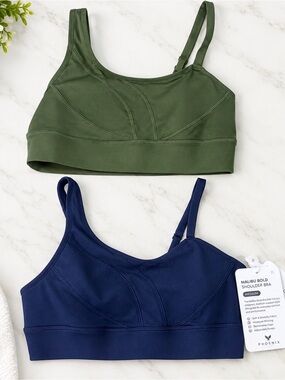Lot 2 Phoenix Malibu Bold Shoulder Bra Med A-C Blue Olive Green NWT Repreve